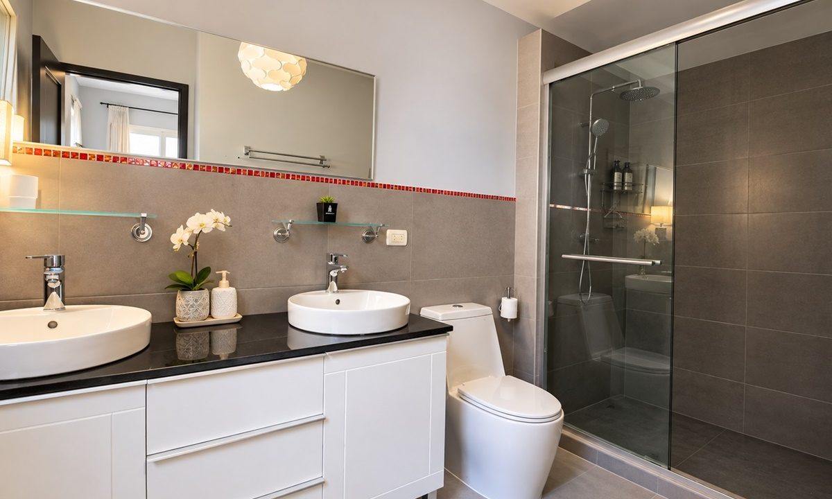 Modern Gray-Tiled Bathroom with Glass Shower
