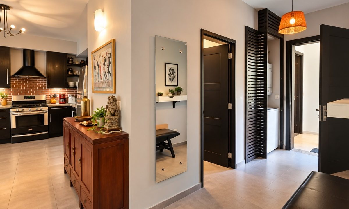 Warm Modern Entryway and Kitchen